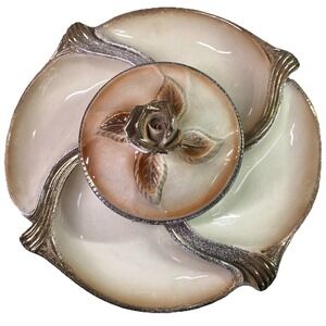 Vintage California Pottery 4‎ Piece Chip Dip Lazy Susan Gold Rose 13" Wide